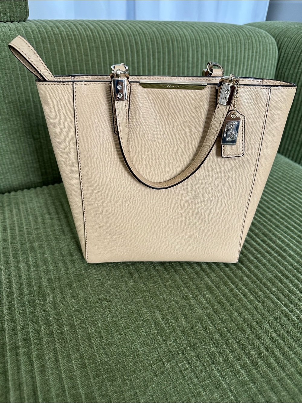 Coach Cream Pebbled Leather Tote with Signature Tag